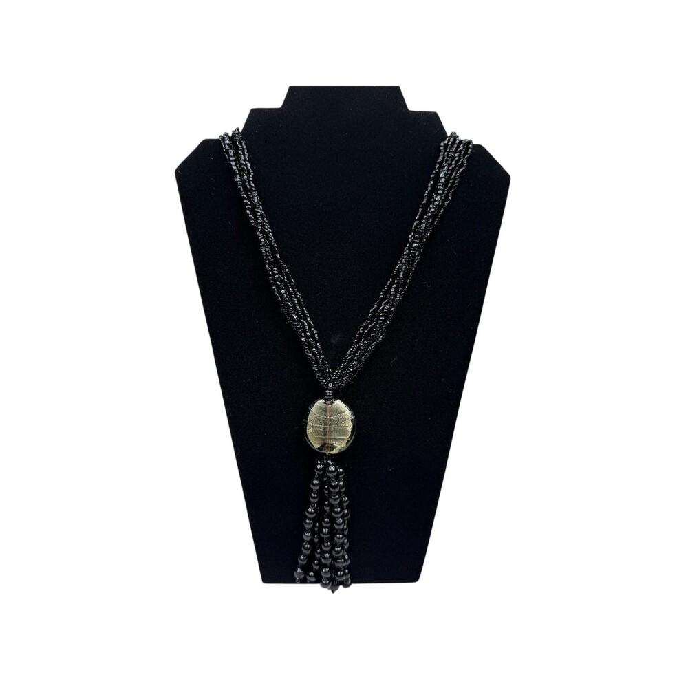 Multi-Strand Black Seed Bead Necklace Gold Foil Art Glass Pendant Tassel 23"